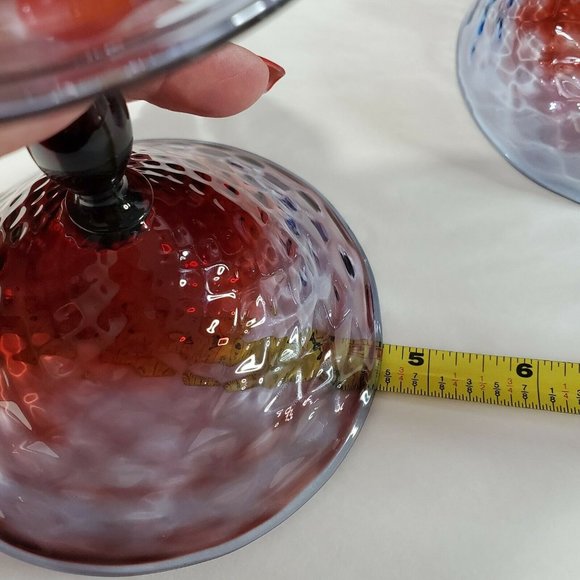 2 Handblown Diamond Optic Blue Red Champagne Coupes quilted footed sherbet - Picture 11 of 12